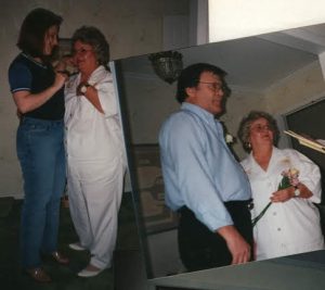 Charlsie and Art Weaver, wedding day 1997, with Bonnie Gillespie