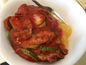 R1D16M2 improvised veggiesketti zucchini sausage tomato sauce over spaghetti squash