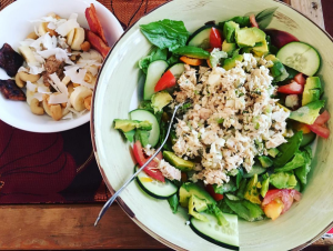 R1D1M2 tuna salad atop a giant green salad, with a side of monkey delight, plus bacon and Epic chicken jerky