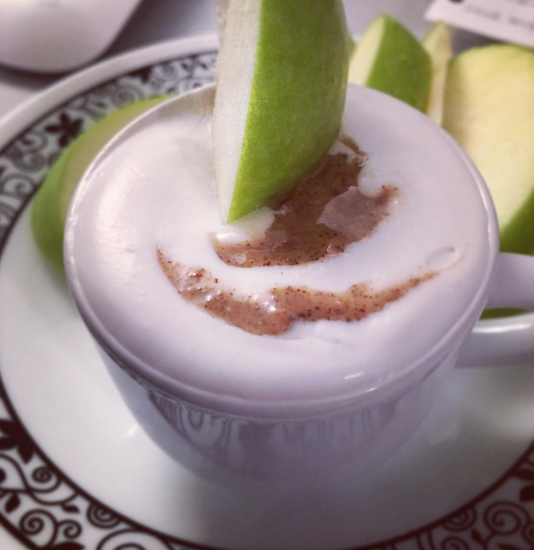 Whole30 Foamy chilled coconut milk with a swirl of almond butter in which I dip my crisp apple slices Bonnie Gillespie