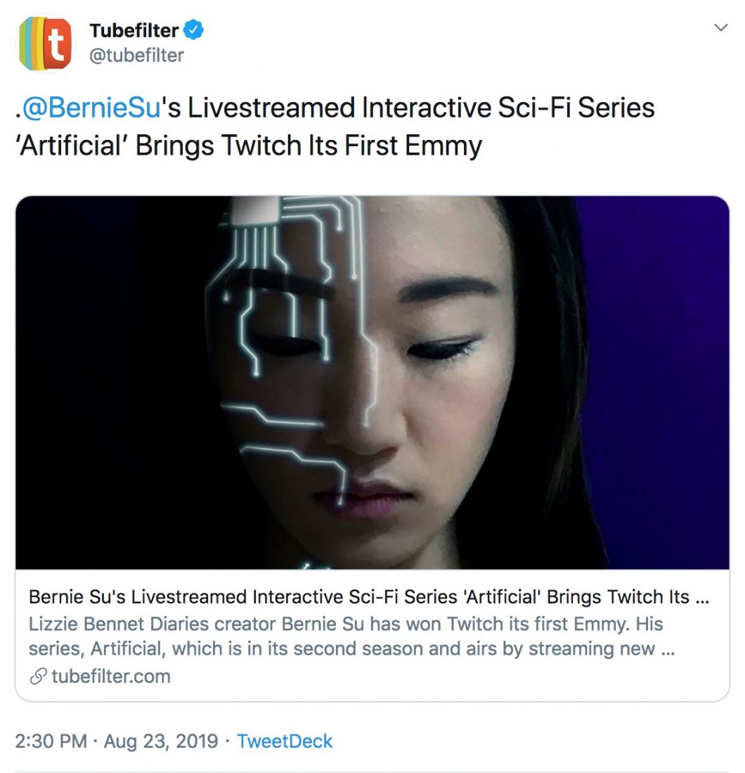 artificial wins twitch its first emmy