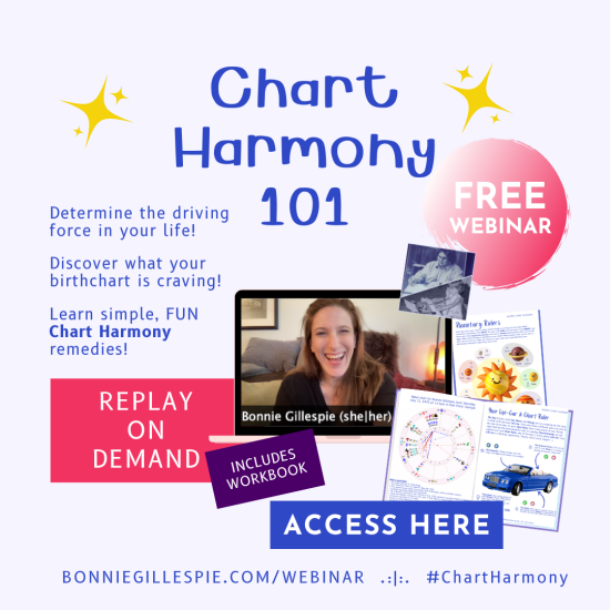 collage of webinar workbook pages, white woman laughing on a Zoom screen, text about the Chart Harmony 101 webinar with Bonnie Gillespie