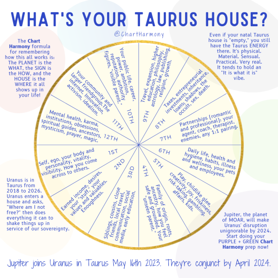 Easy guide to the 12 houses of astrology; heads up for Jupiter joining Uranus in Taurus in 2023 (conjunct by April 2024); by Bonnie Gillespie, Chart Harmony