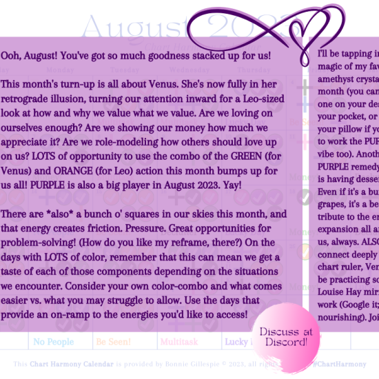 August 2023 Chart Harmony Calendar Overview by Bonnie Gillespie