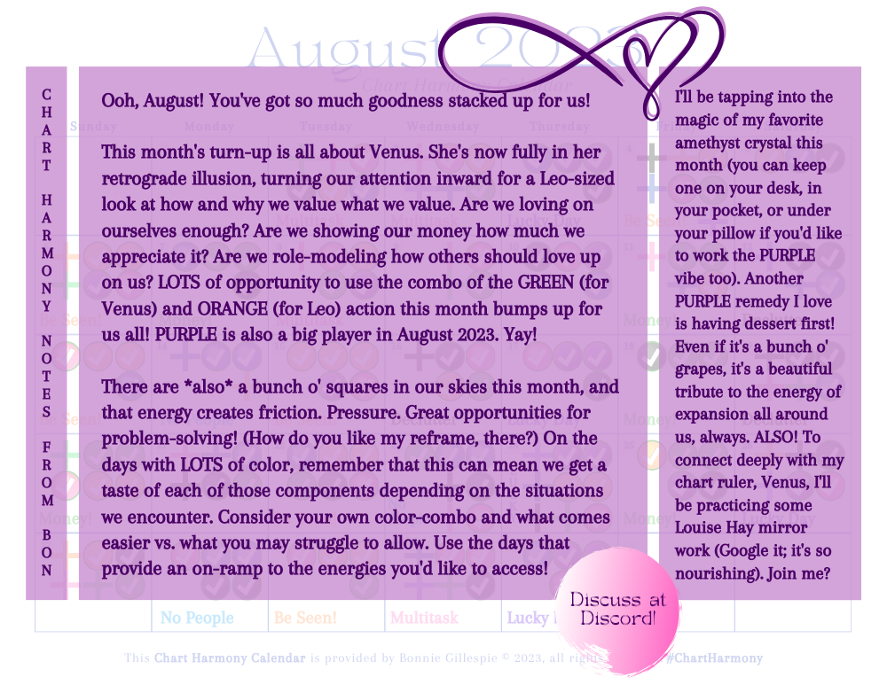 August 2023 Chart Harmony Calendar Overview by Bonnie Gillespie