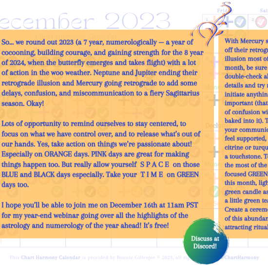 December 2023 Chart Harmony Calendar Overview by Bonnie Gillespie