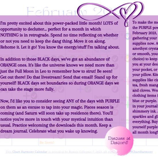 February 2023 Chart Harmony Calendar Overview by Bonnie Gillespie