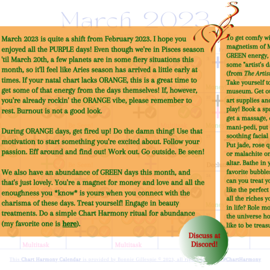 March 2023 Chart Harmony Calendar Overview by Bonnie Gillespie