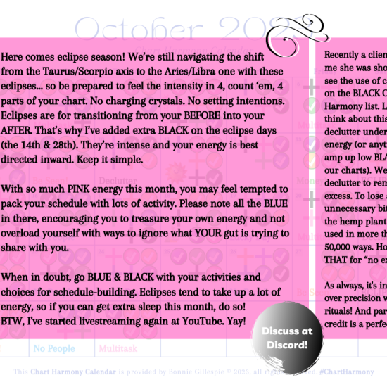 October 2023 Chart Harmony Calendar Overview by Bonnie Gillespie