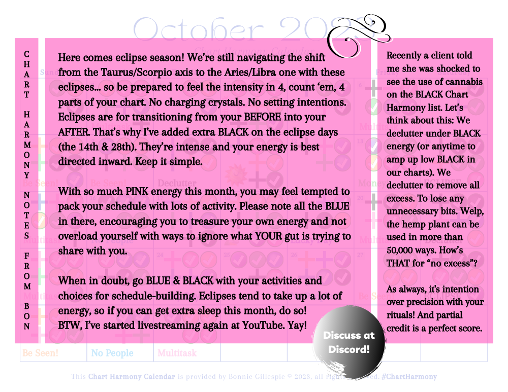 October 2023 Chart Harmony Calendar Overview by Bonnie Gillespie