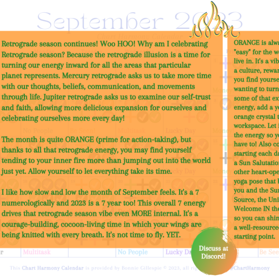 September 2023 Chart Harmony Calendar Overview by Bonnie Gillespie