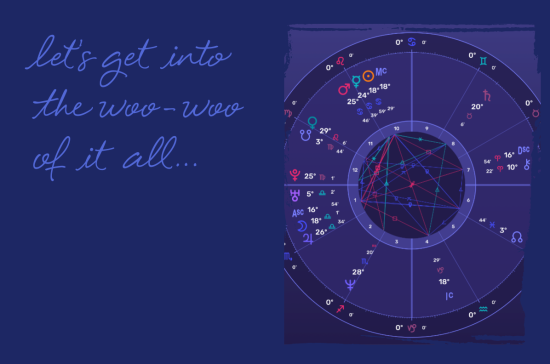 Bonnie Gillespie's natal chart with let's talk text overlay