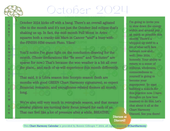 October 2024 Chart Harmony Calendar by Bonnie Gillespie