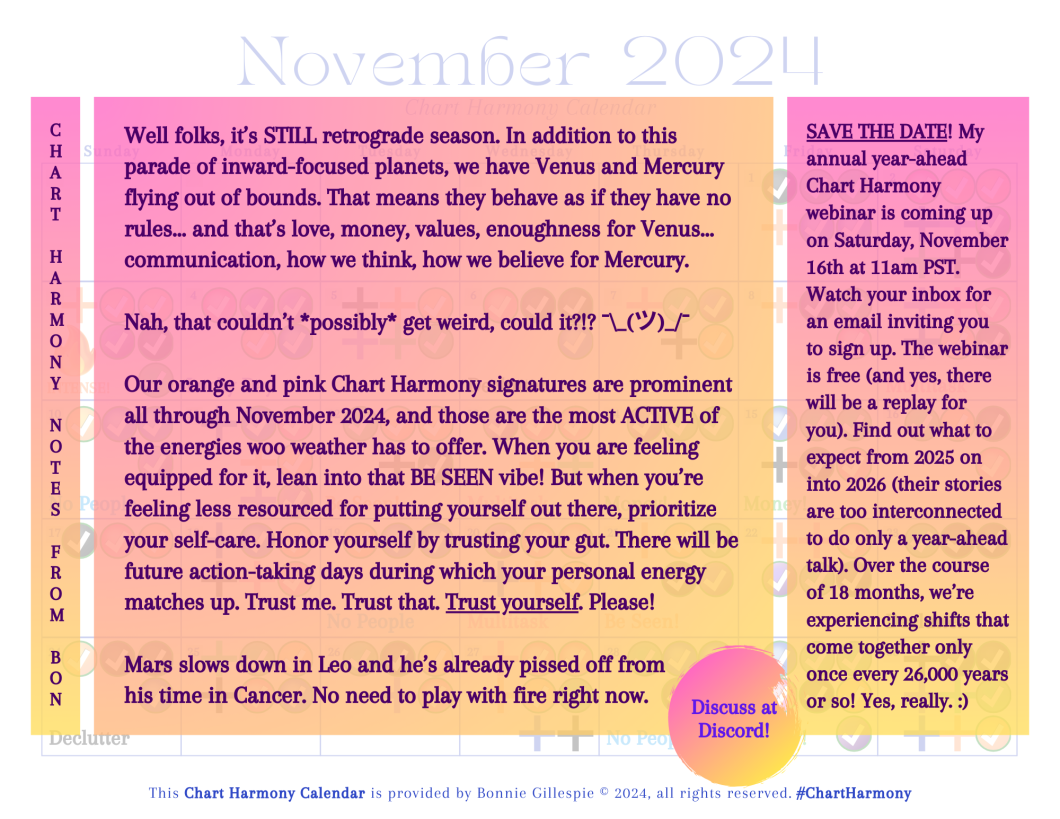 November 2024 Chart Harmony Calendar by Bonnie Gillespie