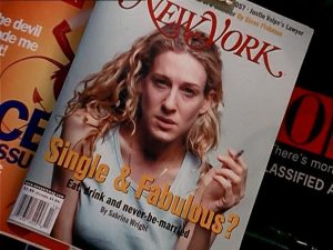 Carrie Bradshaw's cover of New York Magazine, "Single & Fabulous?" -- it's the test shot and it's not good