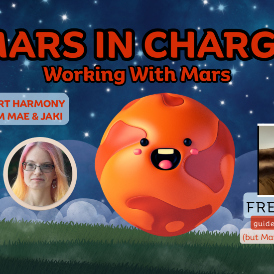night sky with clouds over grass behind a big screaming MARS cutie; images of 3 women and info about our webinar