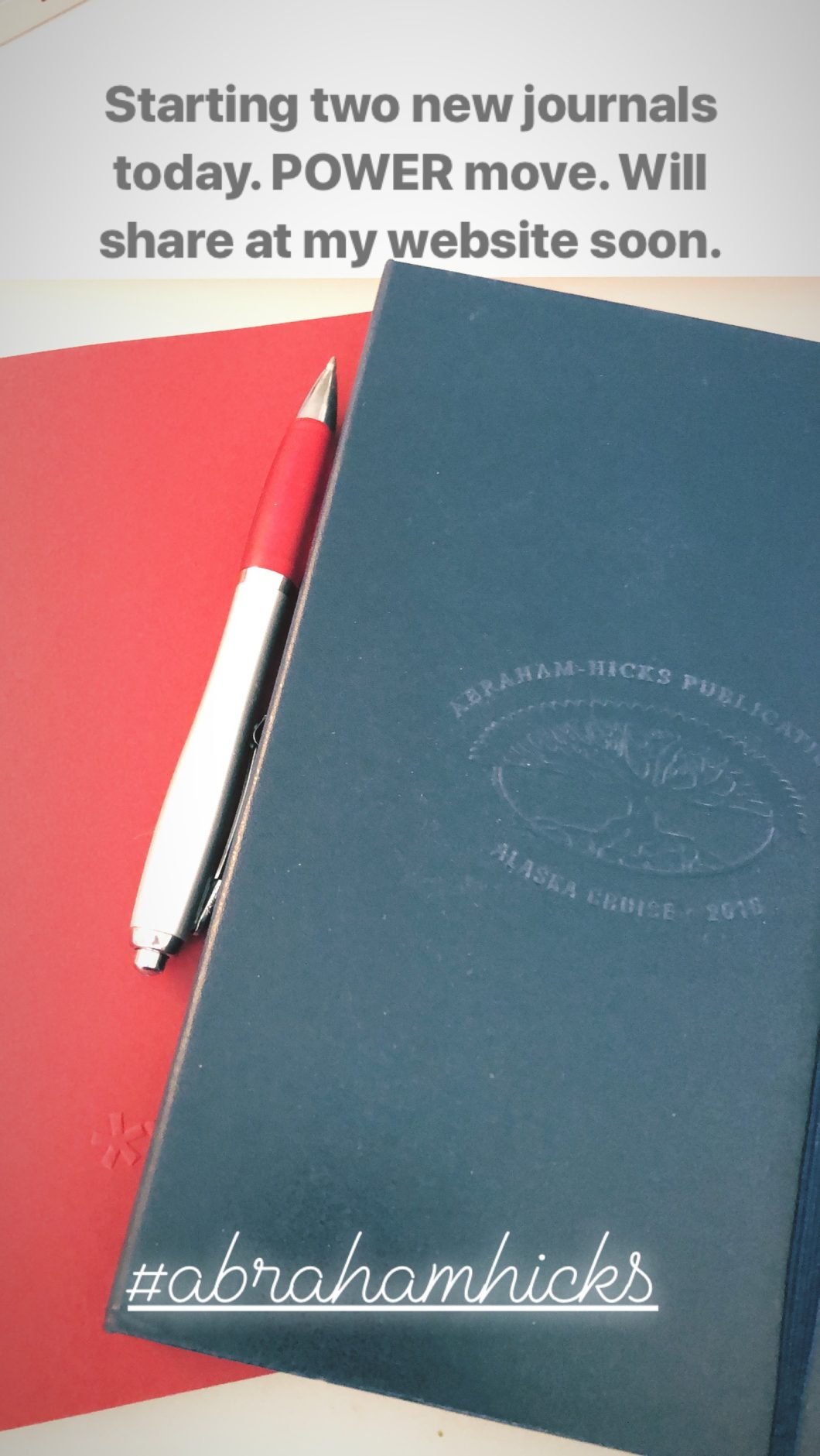2 journals; 1 small red, 1 large navy blue; a nice pen; words about the power move that is keeping 2 journals (one of them, The Bitch Book)