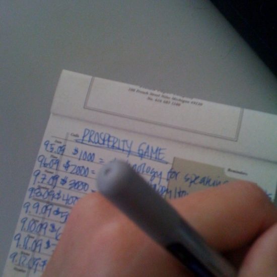 list of spending energetic money using the prosperity game - left-handed Bonnie Gillespie blocking most of the list