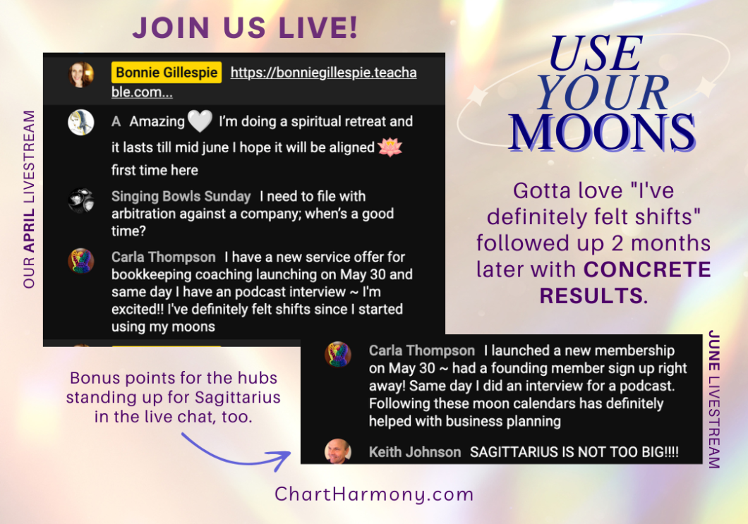 two screengrabs from YouTube livestream arranged on shimmery gold background; testimonials for USE YOUR MOONS; arrow graphic