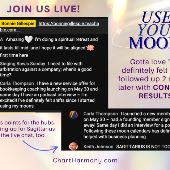 two screengrabs from YouTube livestream arranged on shimmery gold background; testimonials for USE YOUR MOONS; arrow graphic