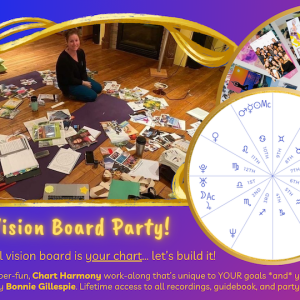 happy white lady sitting in a floor filled with vision board images and supplies