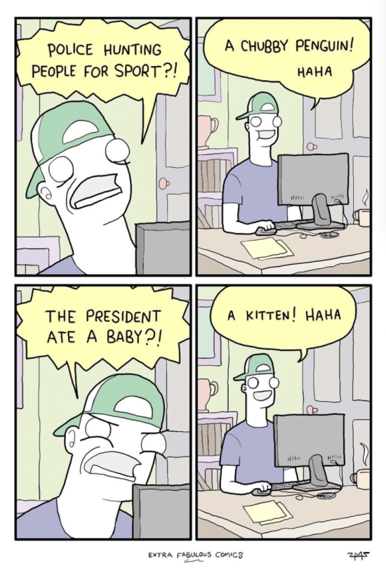 cartoon character experiencing screens of terror and giggles