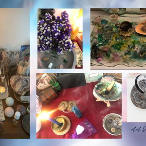 various sizes, shapes, and experiences of altars in progress: candles, chimes, flowers, crystals, oils, herbs, and more