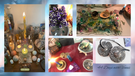 various sizes, shapes, and experiences of altars in progress: candles, chimes, flowers, crystals, oils, herbs, and more