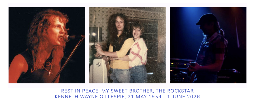 3 photos of Kenneth Gillespie (1 with sister Bonnie) being a rockstar