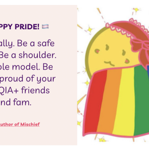 cartoon image of the planet Venus with a pink ribbon and PRIDE FLAG as a cape; stars and sparkles emanating from her