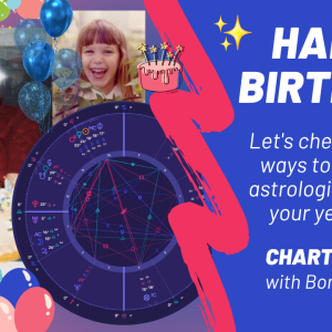 collage of Bonnie Gillespie images with birthday balloons, cakes, and astrological chart