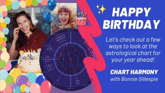 collage of Bonnie Gillespie images with birthday balloons, cakes, and astrological chart