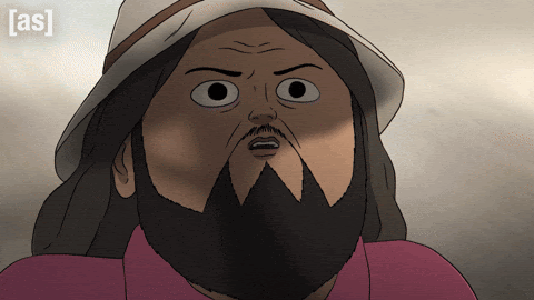Adult Swim "Common Side Effects" bearded hippie dude in bucket hat, blinking