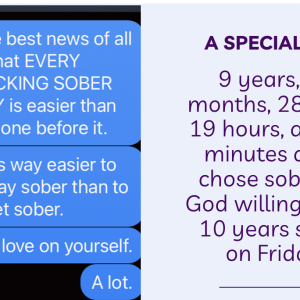 black screen with white text on blue texting bubbles; text from Bonnie Gillespie about staying sober being easier than getting sober
