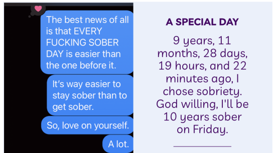 black screen with white text on blue texting bubbles; text from Bonnie Gillespie about staying sober being easier than getting sober
