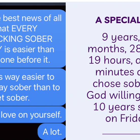 black screen with white text on blue texting bubbles; text from Bonnie Gillespie about staying sober being easier than getting sober